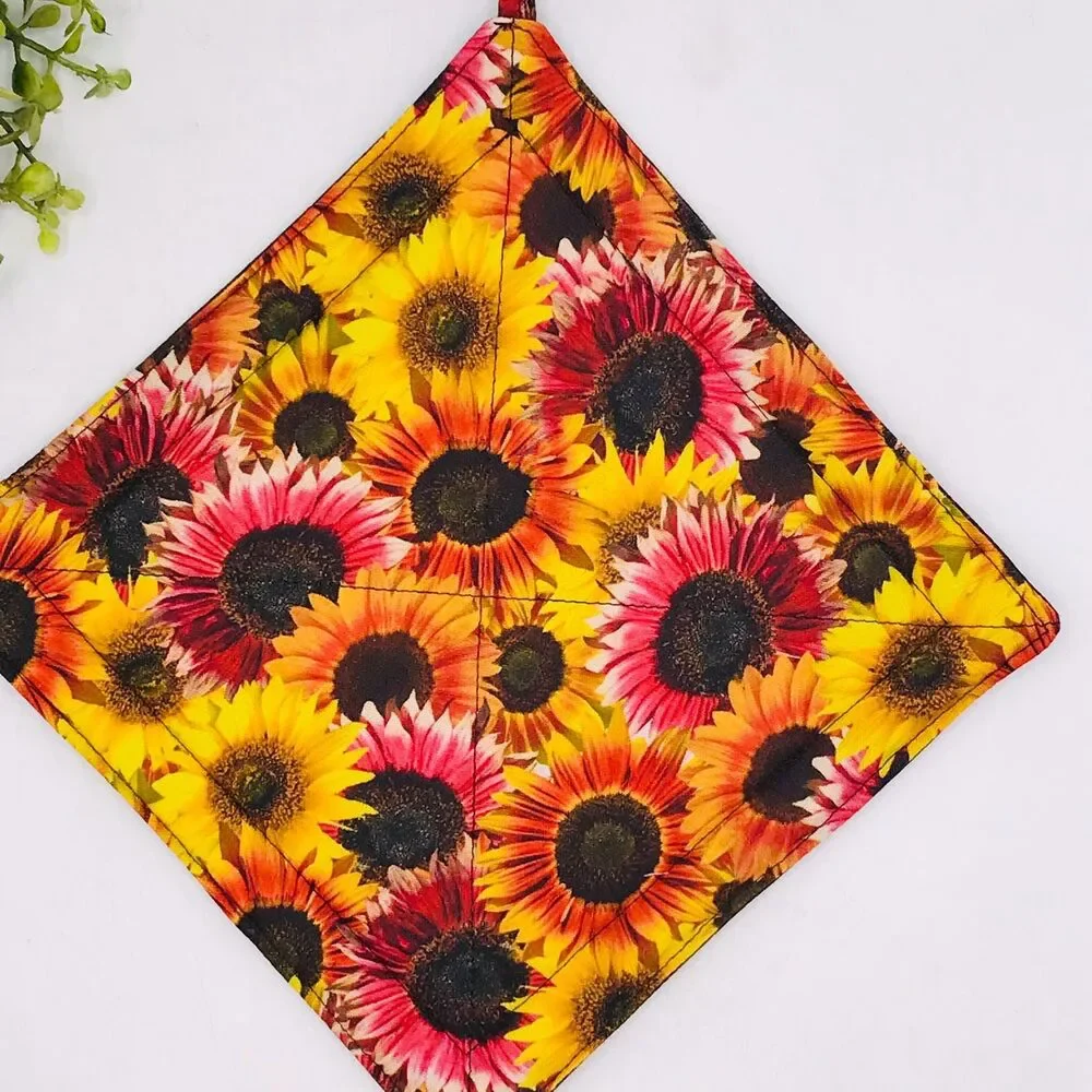 Set of 2 Square Potholders Bright Sunflowers Yellow, Pink, Orange Baking Set 7x7